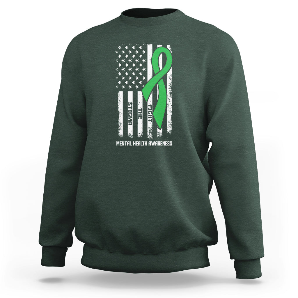 Mental Health Awareness Sweatshirt Fight The Stigma America Flag Green Ribbon - Wonder Print Shop
