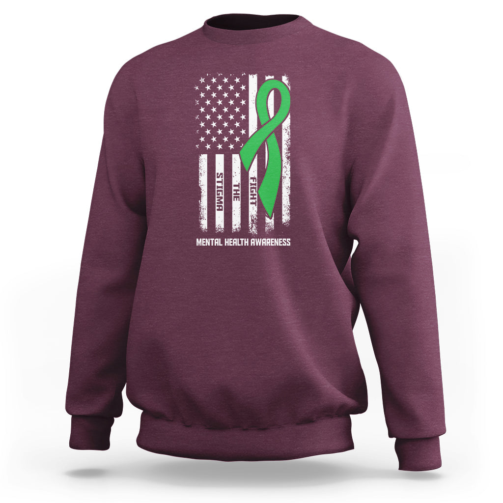Mental Health Awareness Sweatshirt Fight The Stigma America Flag Green Ribbon - Wonder Print Shop