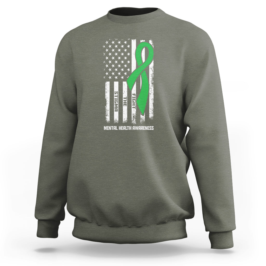 Mental Health Awareness Sweatshirt Fight The Stigma America Flag Green Ribbon - Wonder Print Shop