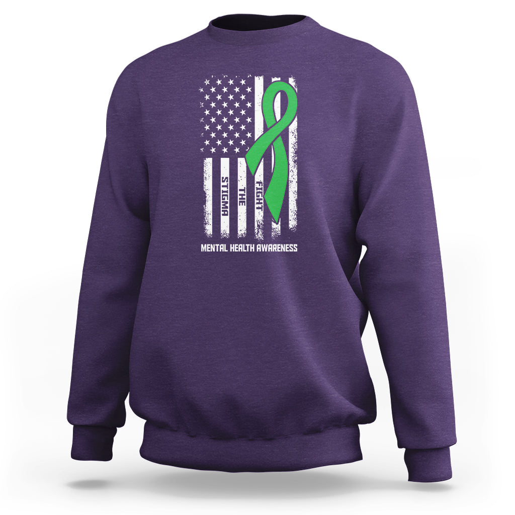 Mental Health Awareness Sweatshirt Fight The Stigma America Flag Green Ribbon - Wonder Print Shop