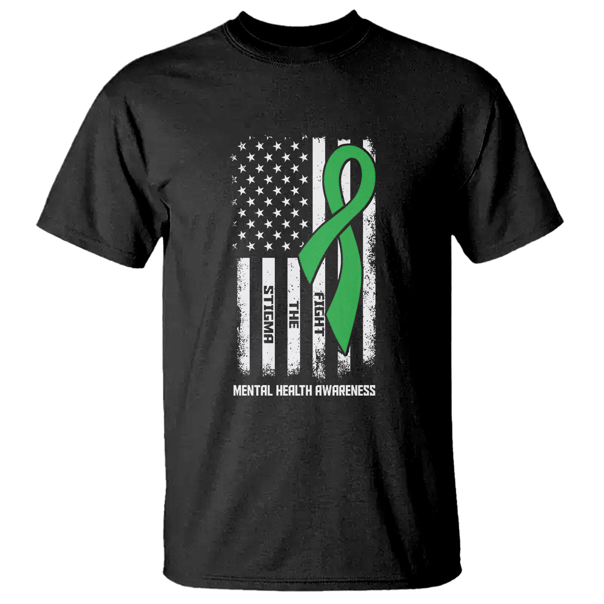 Mental Health Awareness T Shirt Fight The Stigma America Flag Green Ribbon - Wonder Print Shop