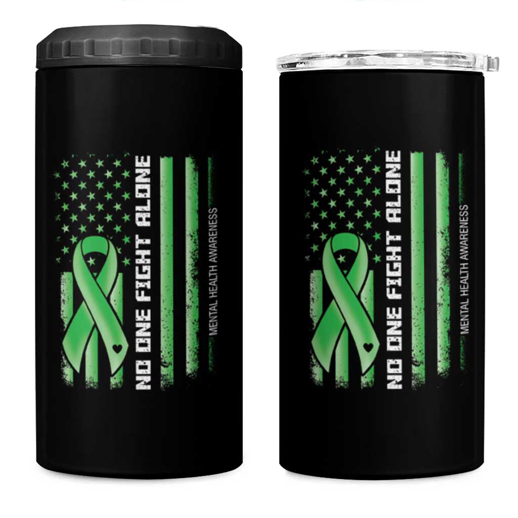 Mental Health Awareness 4 in 1 Can Cooler Tumbler No One Fights Alone America Flag Green Ribbon