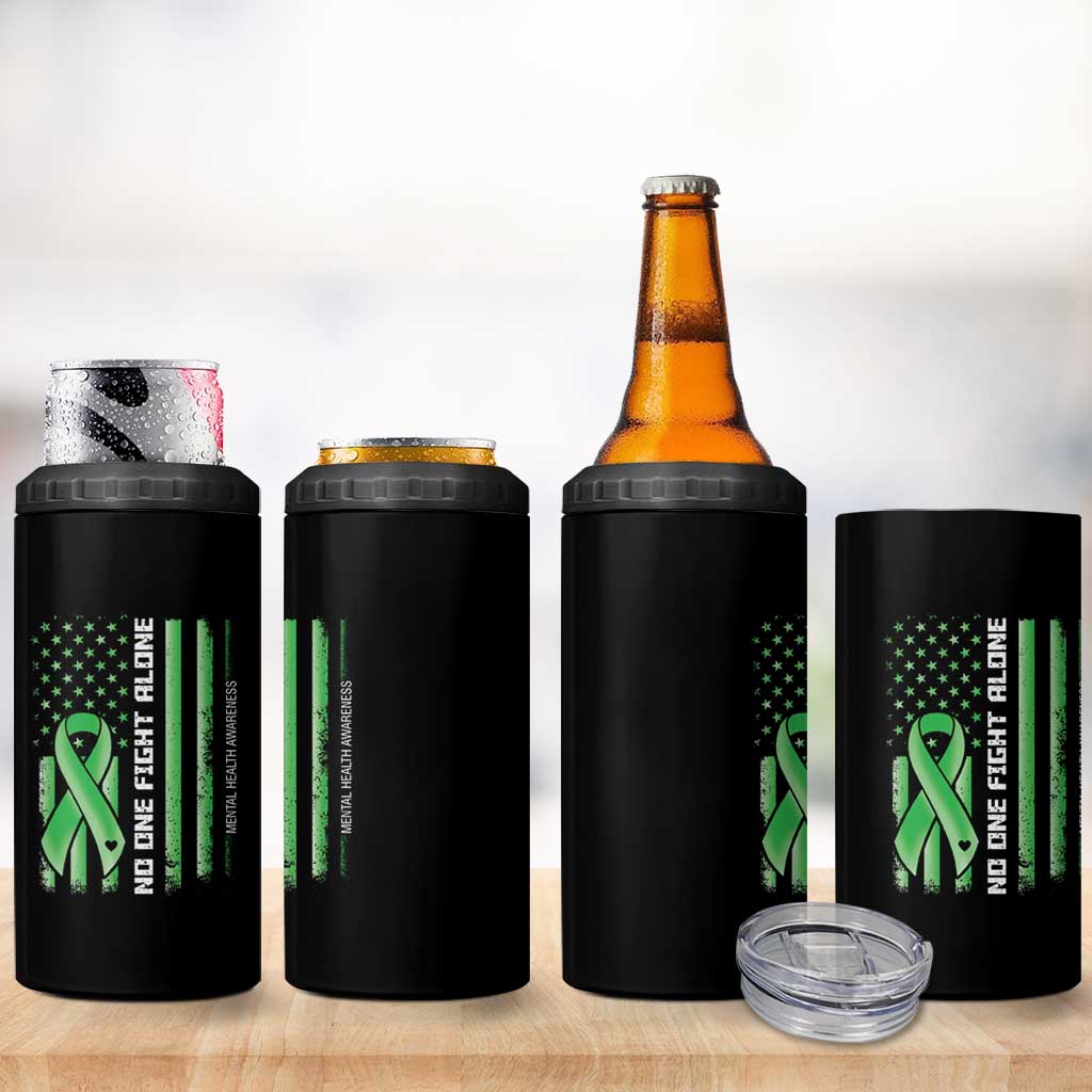Mental Health Awareness 4 in 1 Can Cooler Tumbler No One Fights Alone America Flag Green Ribbon