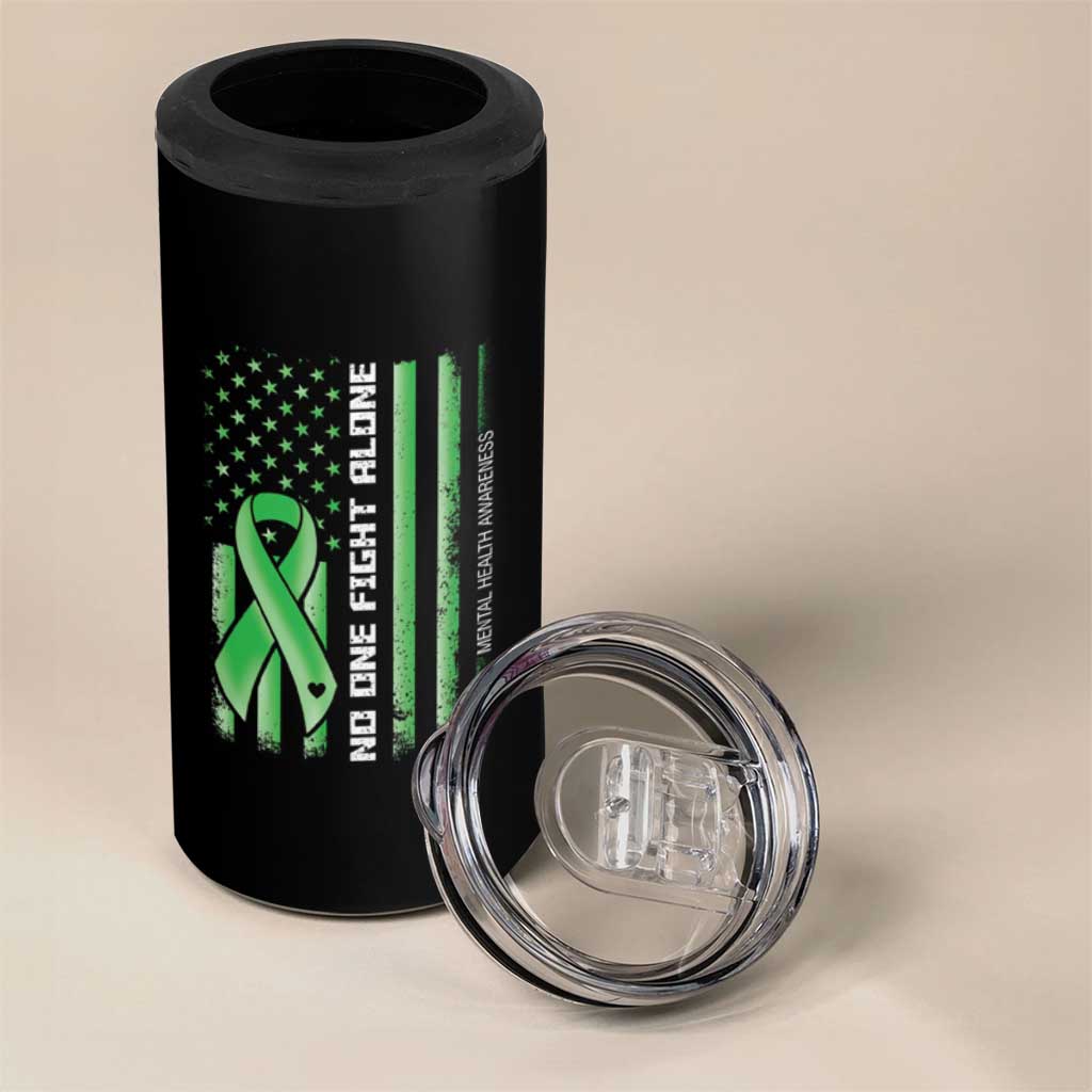 Mental Health Awareness 4 in 1 Can Cooler Tumbler No One Fights Alone America Flag Green Ribbon