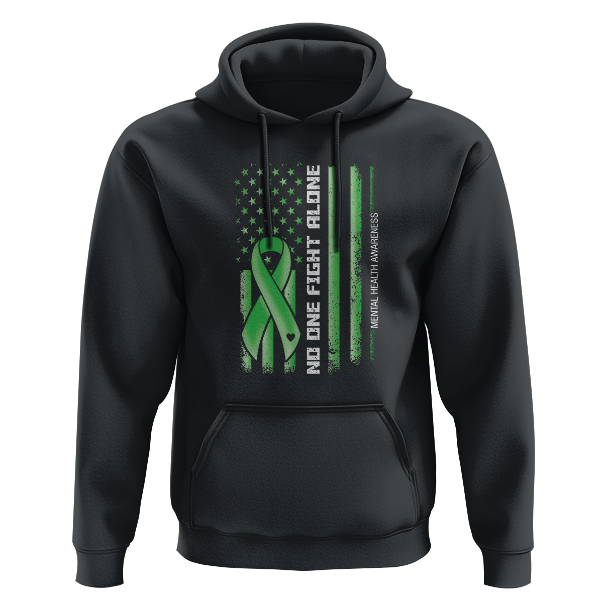 Mental Health Awareness Hoodie No One Fights Alone America Flag Green Ribbon - Wonder Print Shop