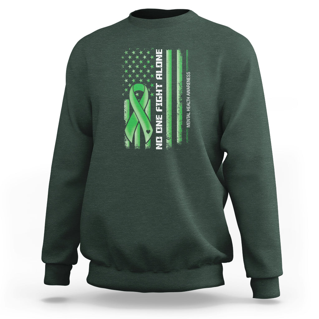 Mental Health Awareness Sweatshirt No One Fights Alone America Flag Green Ribbon - Wonder Print Shop