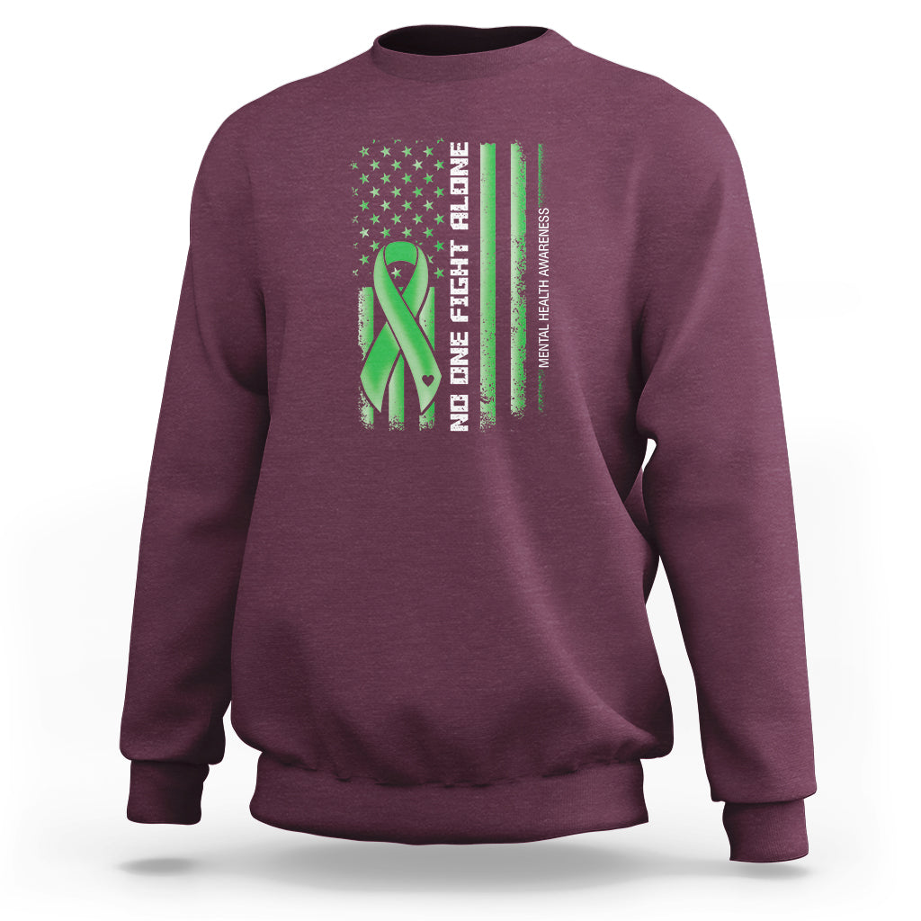 Mental Health Awareness Sweatshirt No One Fights Alone America Flag Green Ribbon - Wonder Print Shop