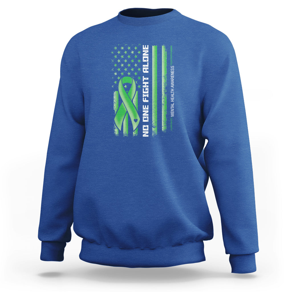 Mental Health Awareness Sweatshirt No One Fights Alone America Flag Green Ribbon - Wonder Print Shop
