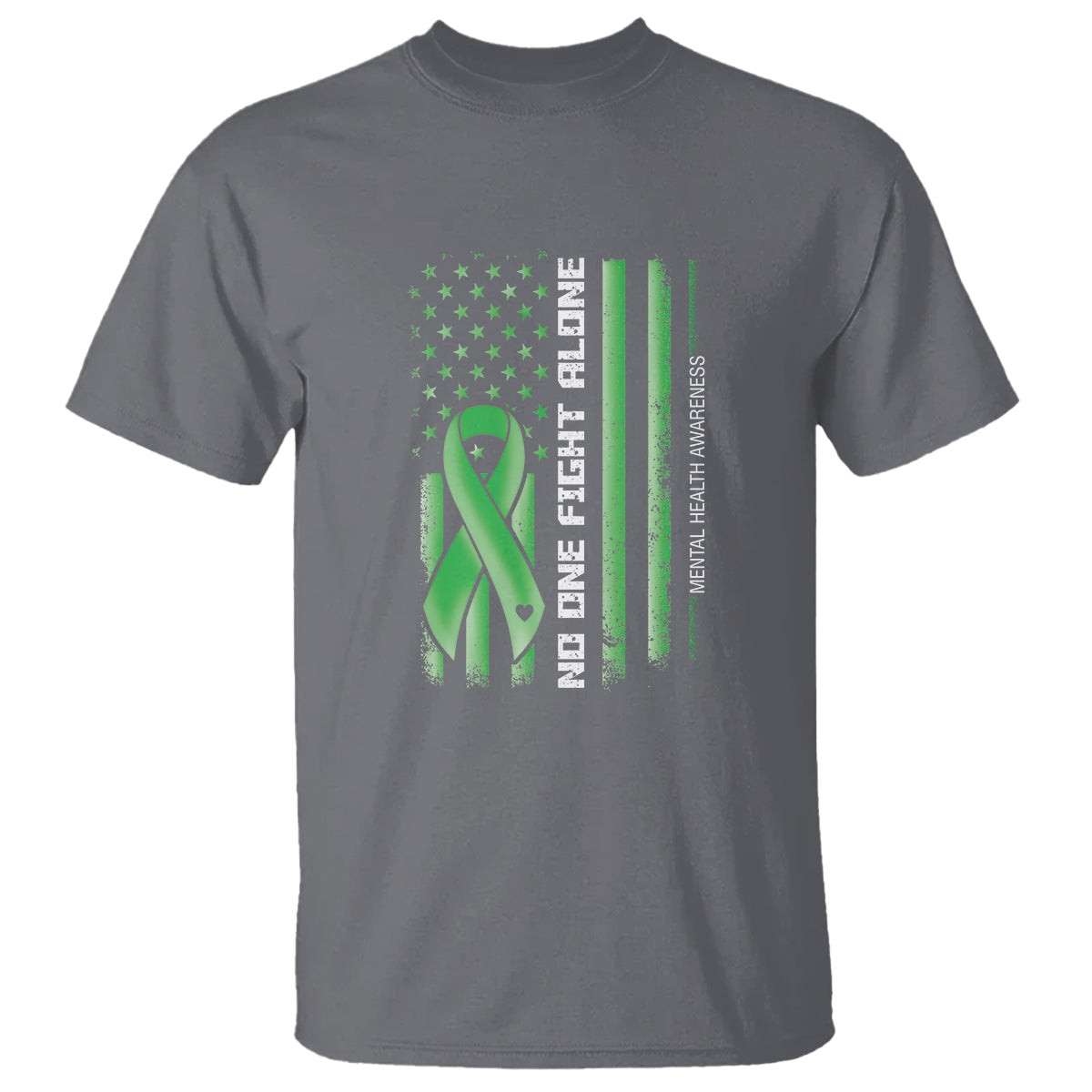 Mental Health Awareness T Shirt No One Fights Alone America Flag Green Ribbon - Wonder Print Shop