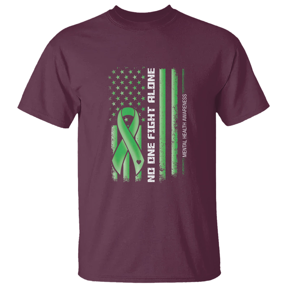 Mental Health Awareness T Shirt No One Fights Alone America Flag Green Ribbon - Wonder Print Shop