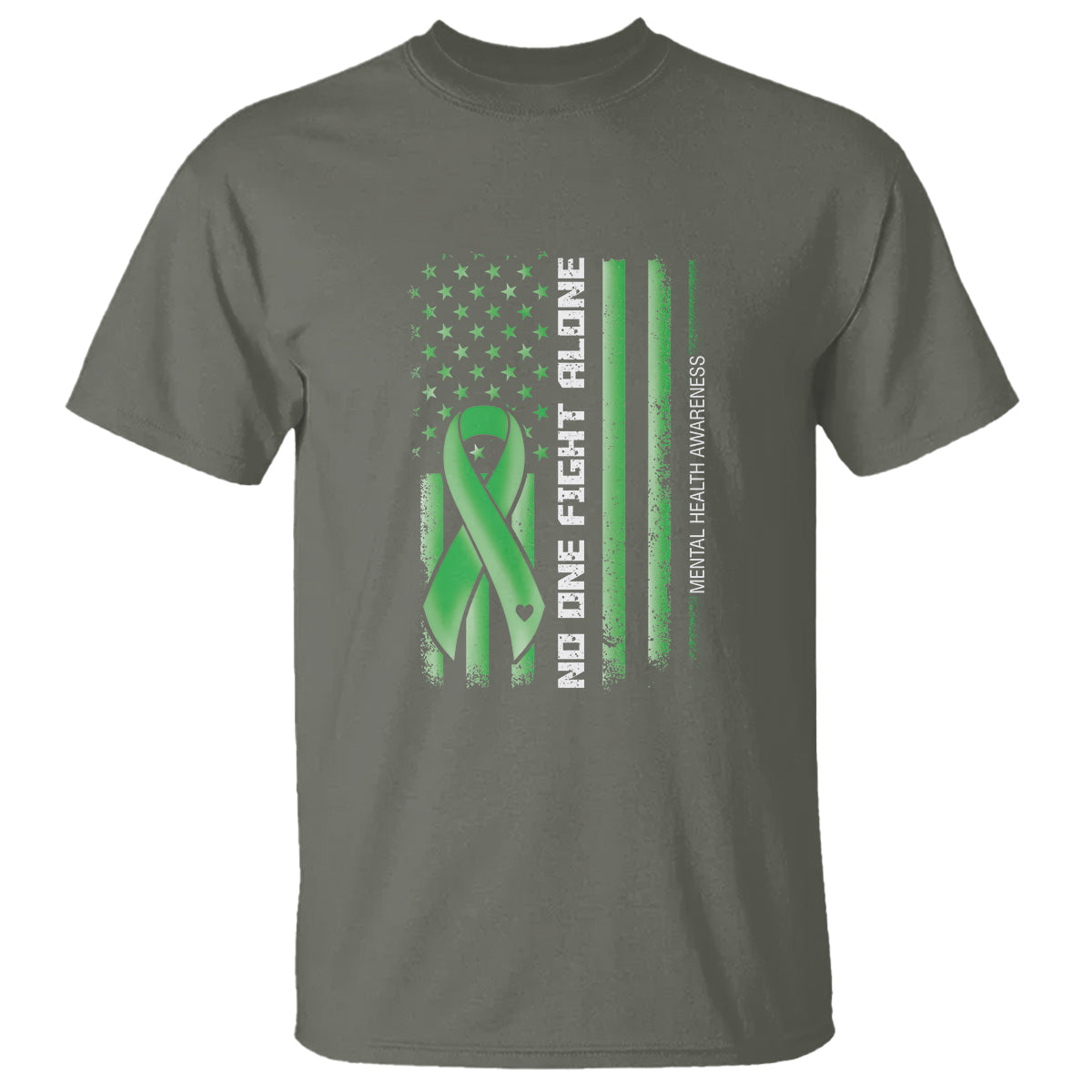Mental Health Awareness T Shirt No One Fights Alone America Flag Green Ribbon - Wonder Print Shop