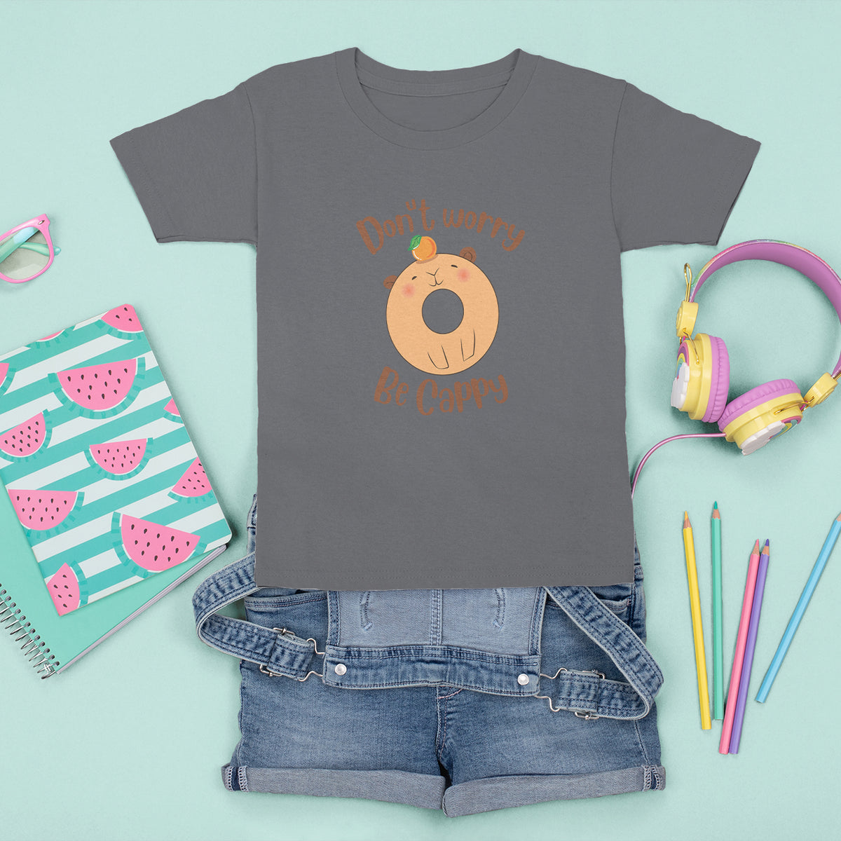 Capybara Lover T Shirt For Kid Don't Worry Be Cappy Funny Cute Donut Lover - Wonder Print Shop