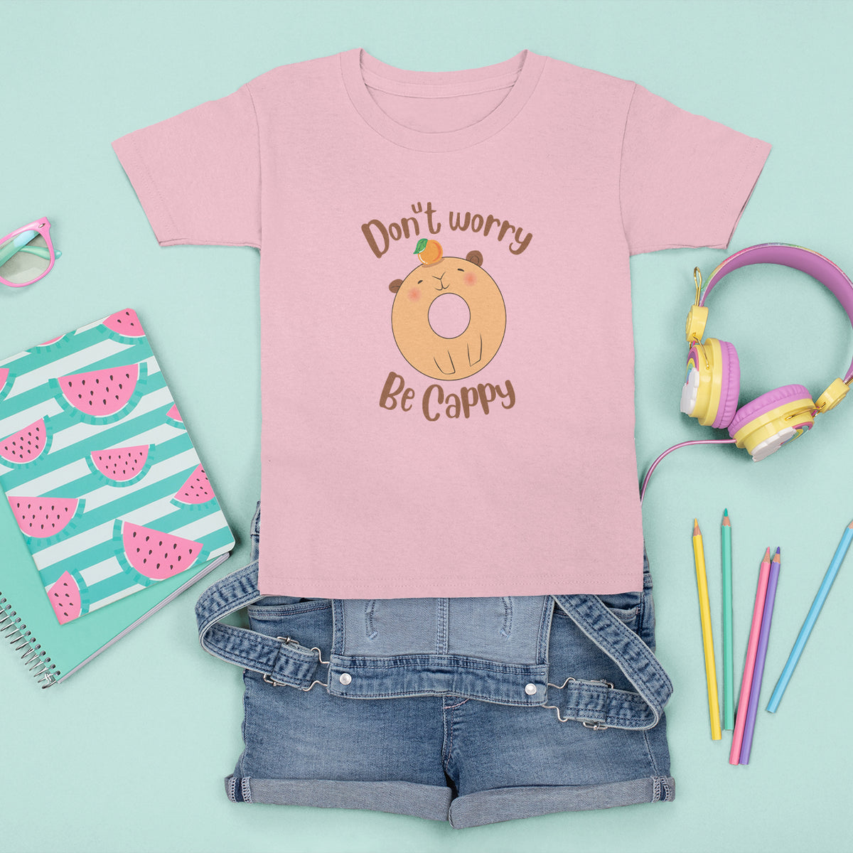 Capybara Lover T Shirt For Kid Don't Worry Be Cappy Funny Cute Donut Lover - Wonder Print Shop