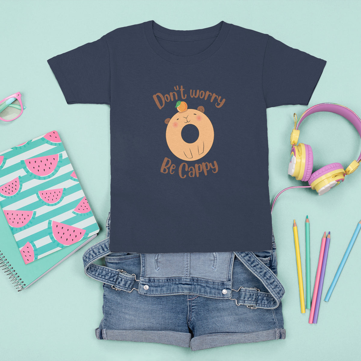 Capybara Lover T Shirt For Kid Don't Worry Be Cappy Funny Cute Donut Lover - Wonder Print Shop