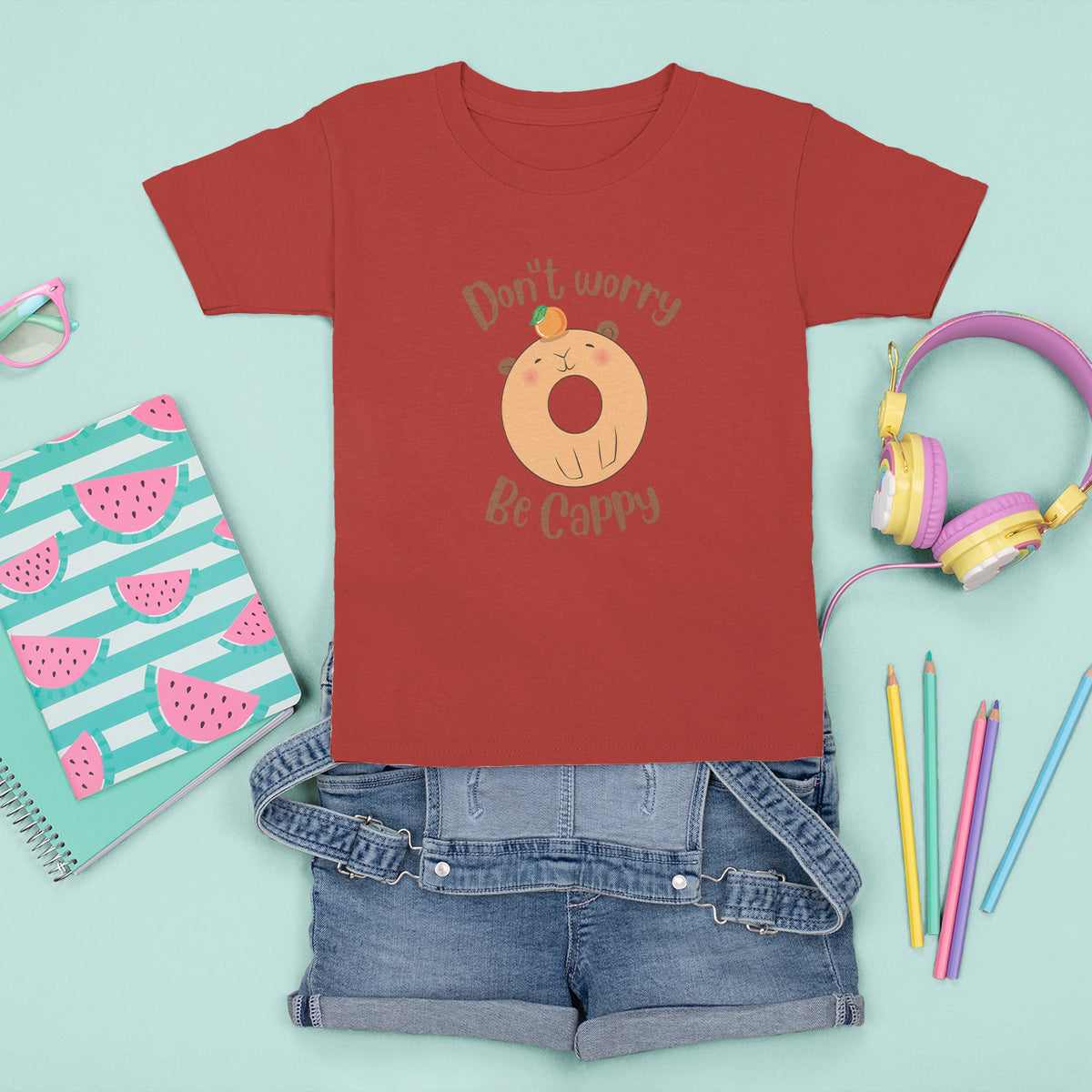 Capybara Lover T Shirt For Kid Don't Worry Be Cappy Funny Cute Donut Lover - Wonder Print Shop
