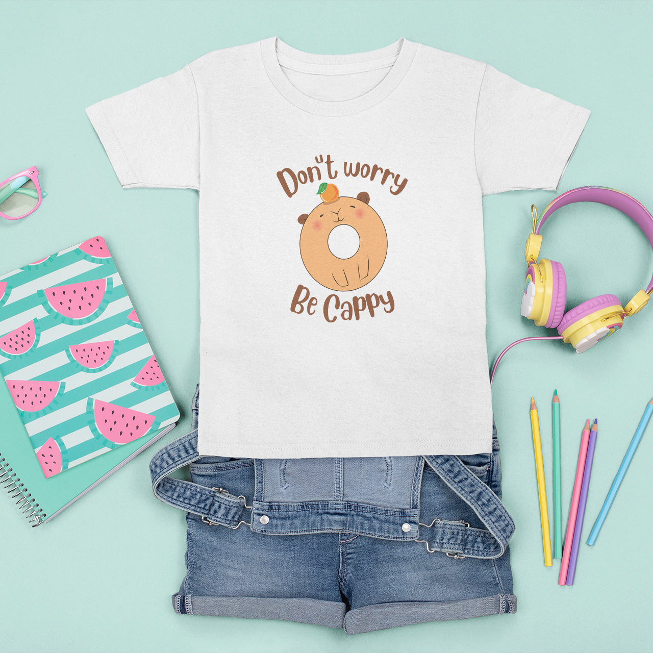 Capybara Lover T Shirt For Kid Don't Worry Be Cappy Funny Cute Donut Lover - Wonder Print Shop