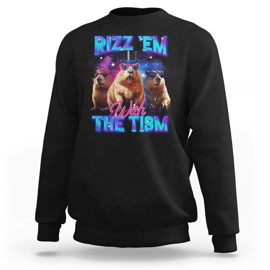 Capybara Lover Sweatshirt Rizz Em With The Tism Funny Capy Meme - Wonder Print Shop