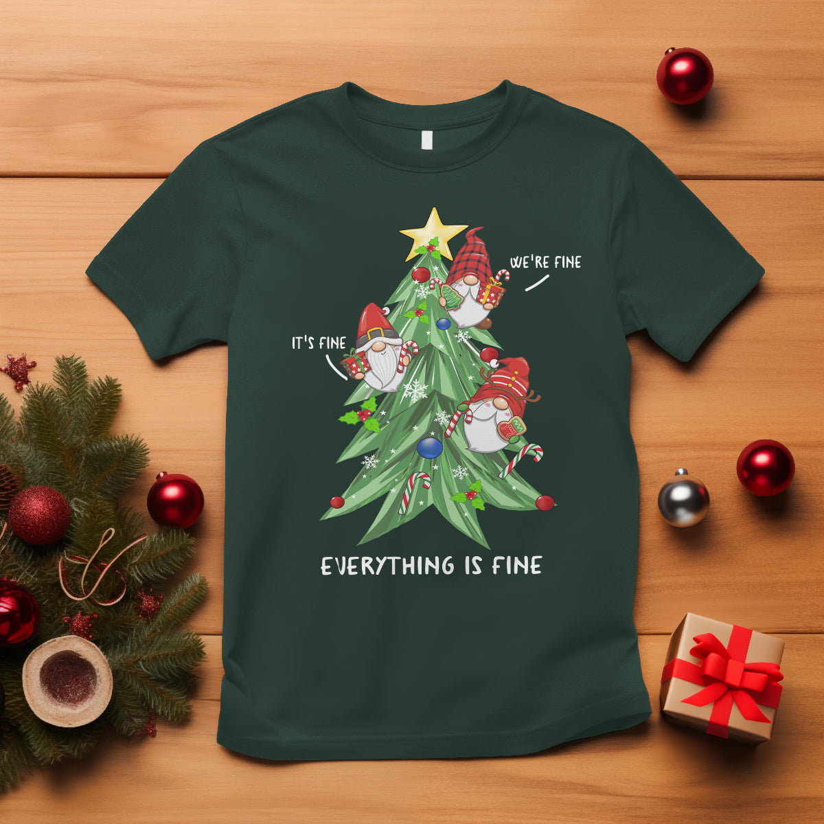 It's Fine We're Fine Everything's Fine Funny Gnomies T Shirt with Christmas Tree - Wonder Print Shop