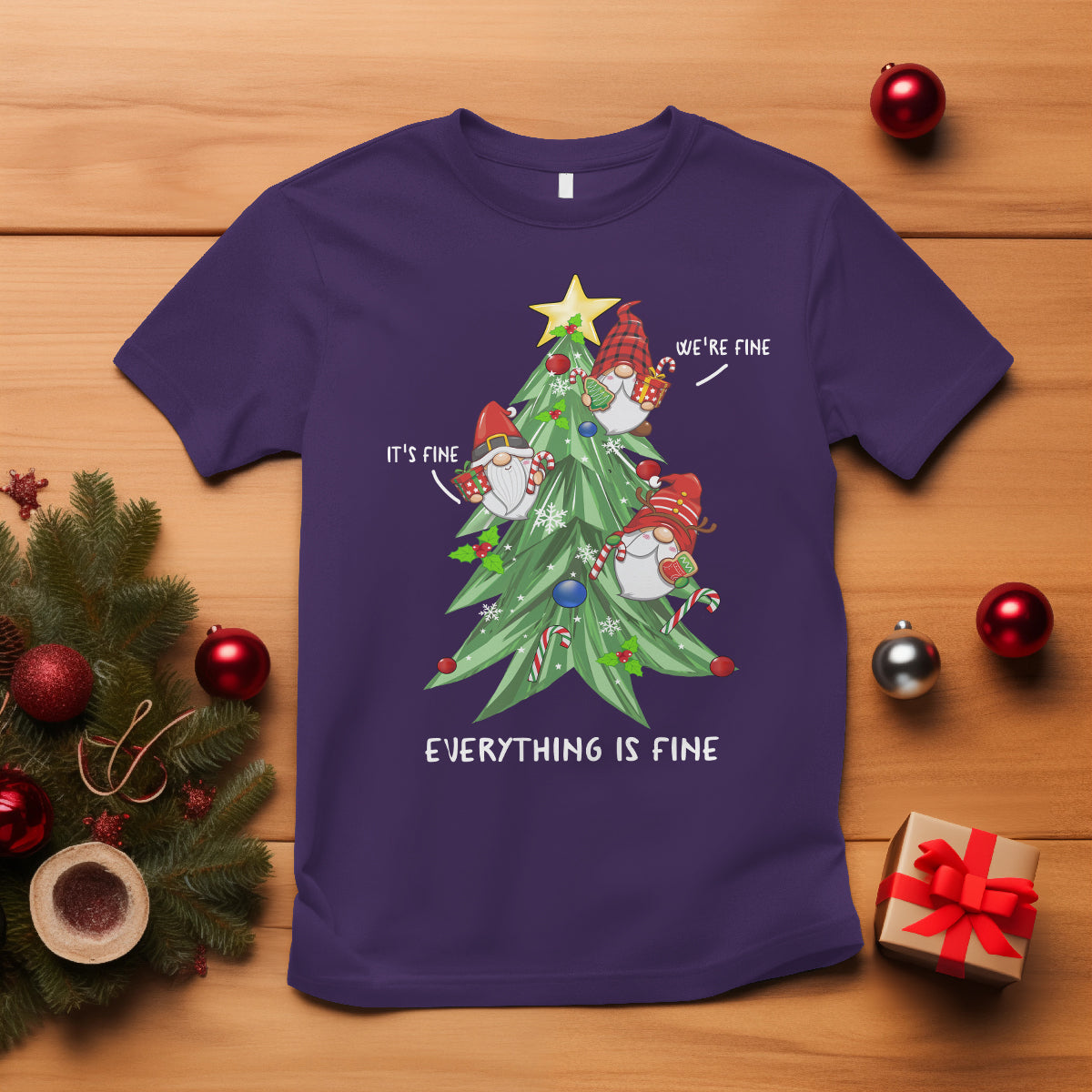It's Fine We're Fine Everything's Fine Funny Gnomies T Shirt with Christmas Tree - Wonder Print Shop