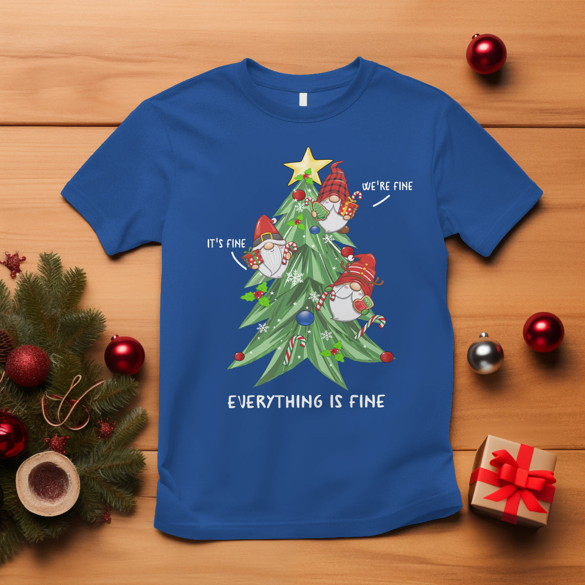 It's Fine We're Fine Everything's Fine Funny Gnomies T Shirt with Christmas Tree - Wonder Print Shop
