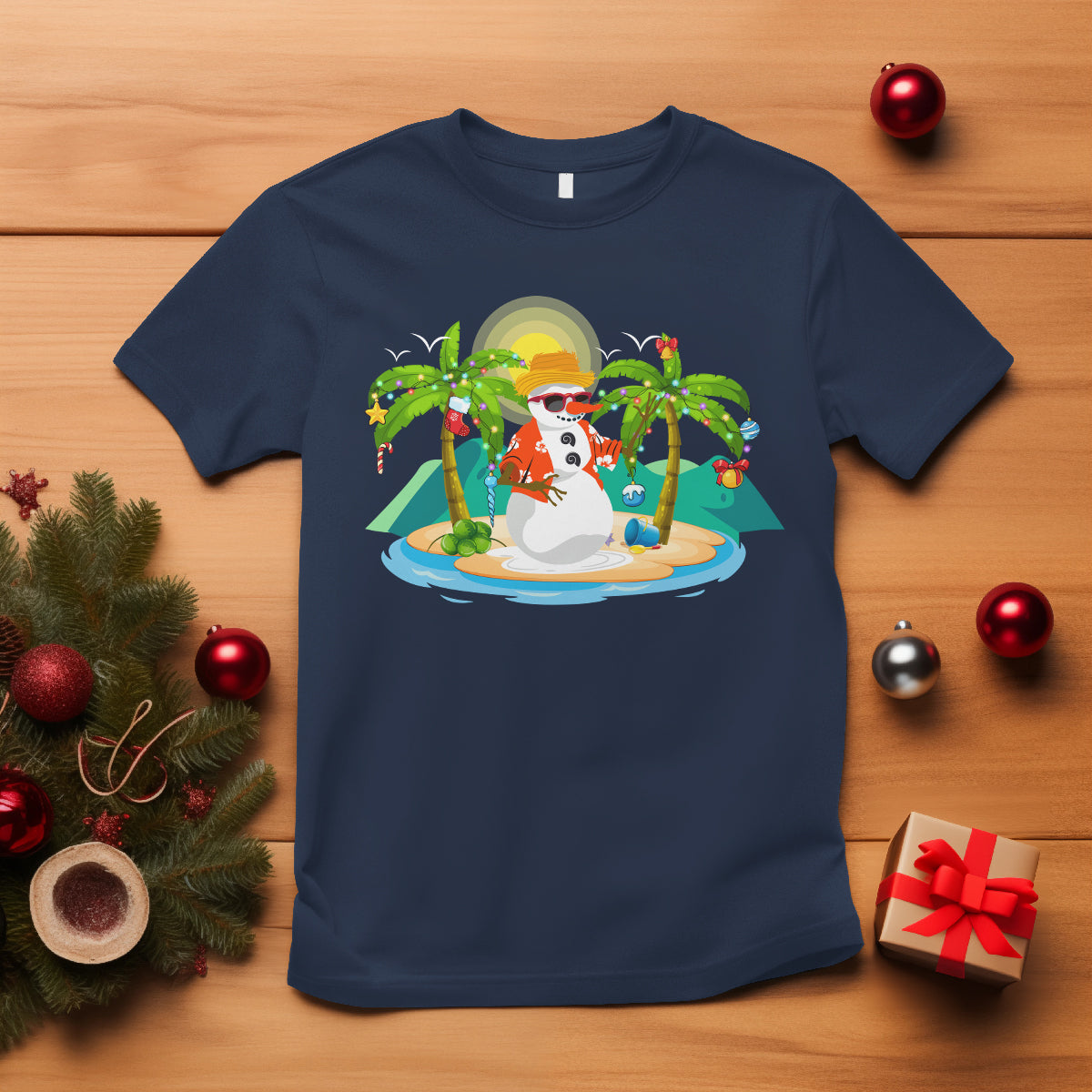 Christmas In Hawaii T Shirt Hawaiian Snowman Xmas Palm Tree At The Beach - Wonder Print Shop