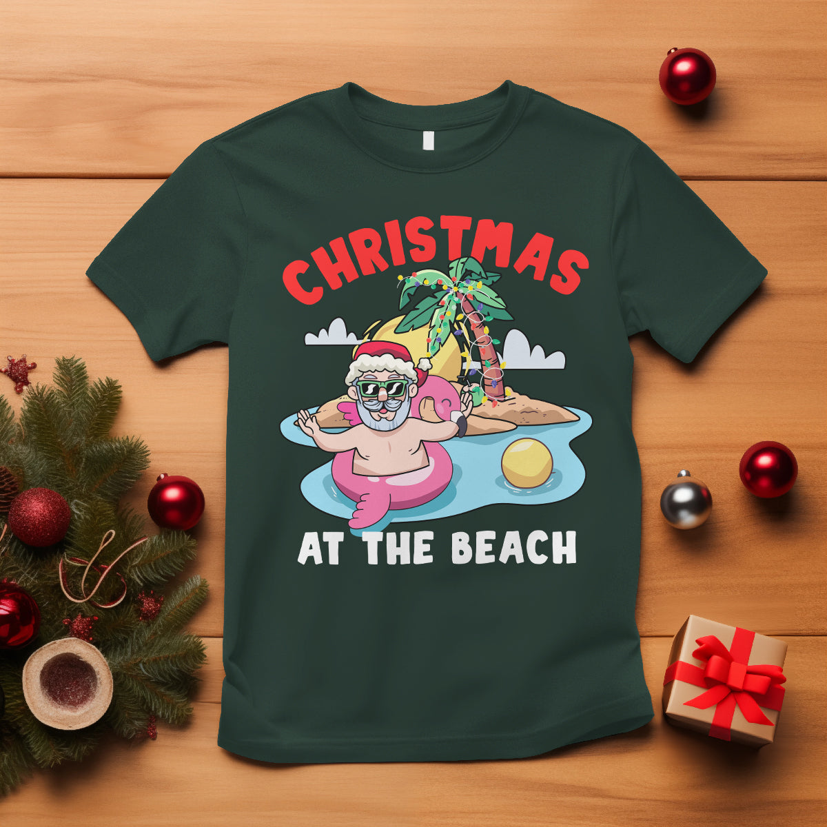 Funny Flamingo Float Santa Claus Christmas At The Beach T Shirt - Wonder Print Shop