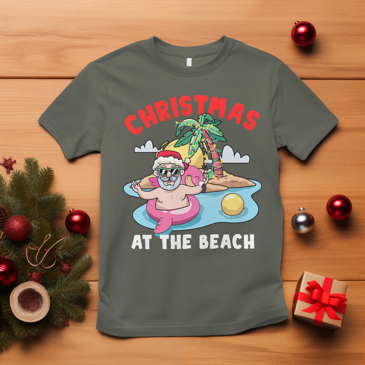 Funny Flamingo Float Santa Claus Christmas At The Beach T Shirt - Wonder Print Shop