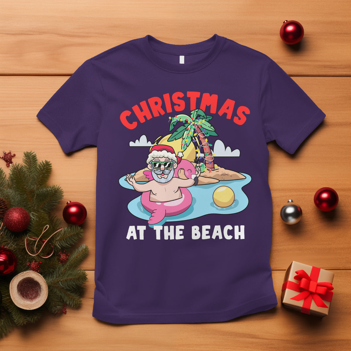 Funny Flamingo Float Santa Claus Christmas At The Beach T Shirt - Wonder Print Shop