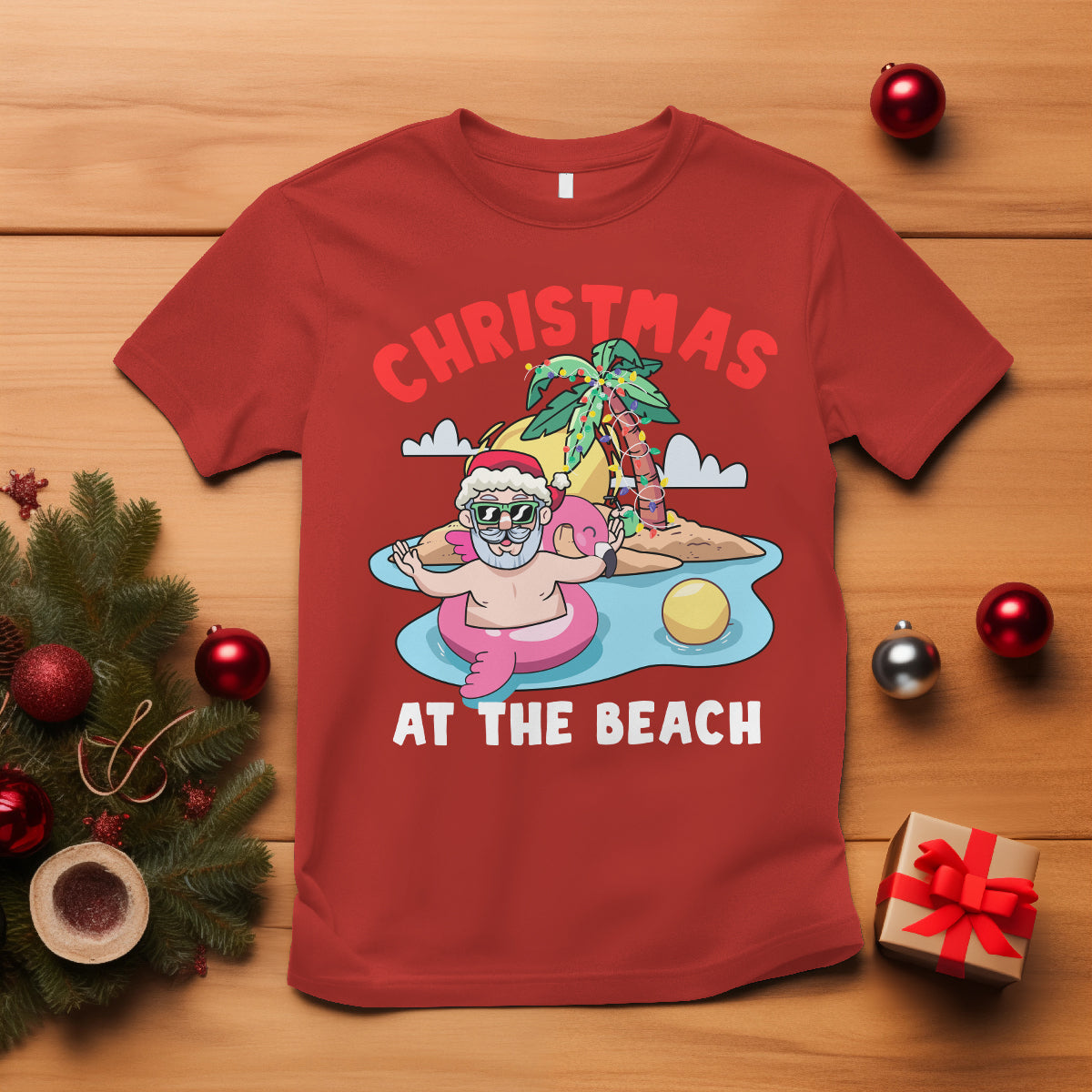 Funny Flamingo Float Santa Claus Christmas At The Beach T Shirt - Wonder Print Shop