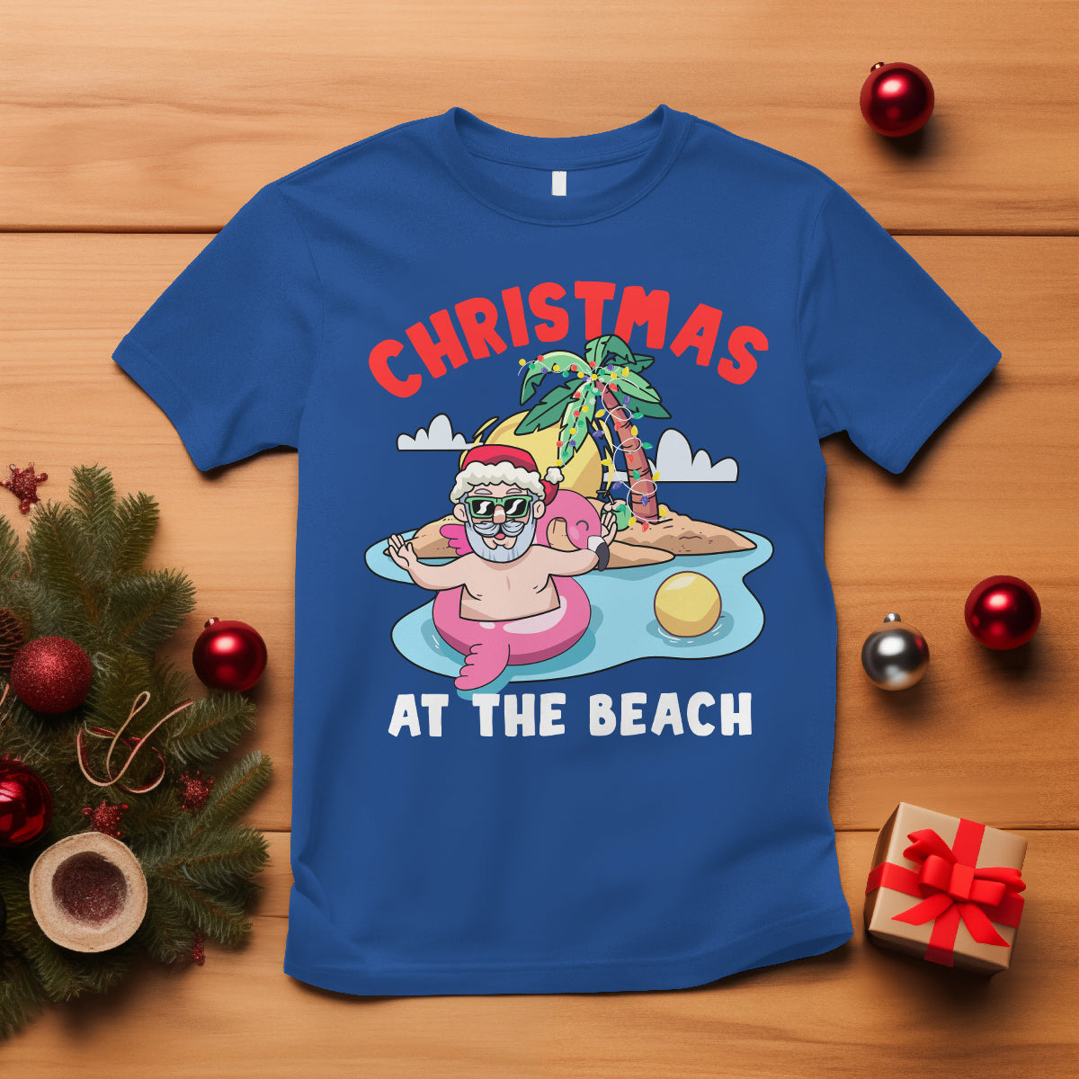 Funny Flamingo Float Santa Claus Christmas At The Beach T Shirt - Wonder Print Shop