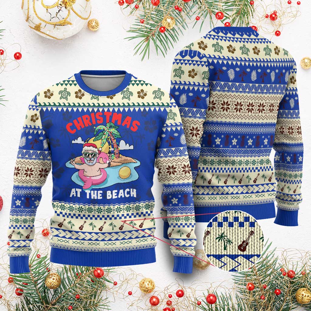 Christmas At The Beach Ugly Christmas Sweater Funny Santa Claus Flamingo Float Chilling - Wonder Print Shop