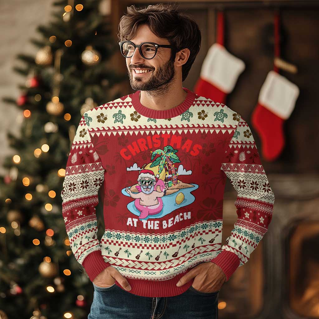 Christmas At The Beach Ugly Christmas Sweater Funny Santa Claus Flamingo Float Chilling - Wonder Print Shop