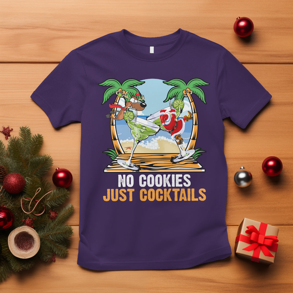 No Cookies Just Cocktails Drunk Santa Reindeer Summer Christmas T Shirt - Wonder Print Shop