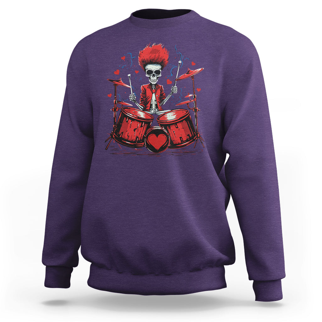 Valentine's Day Sweatshirt Cool Skeleton Drummer Rock Lover - Wonder Print Shop