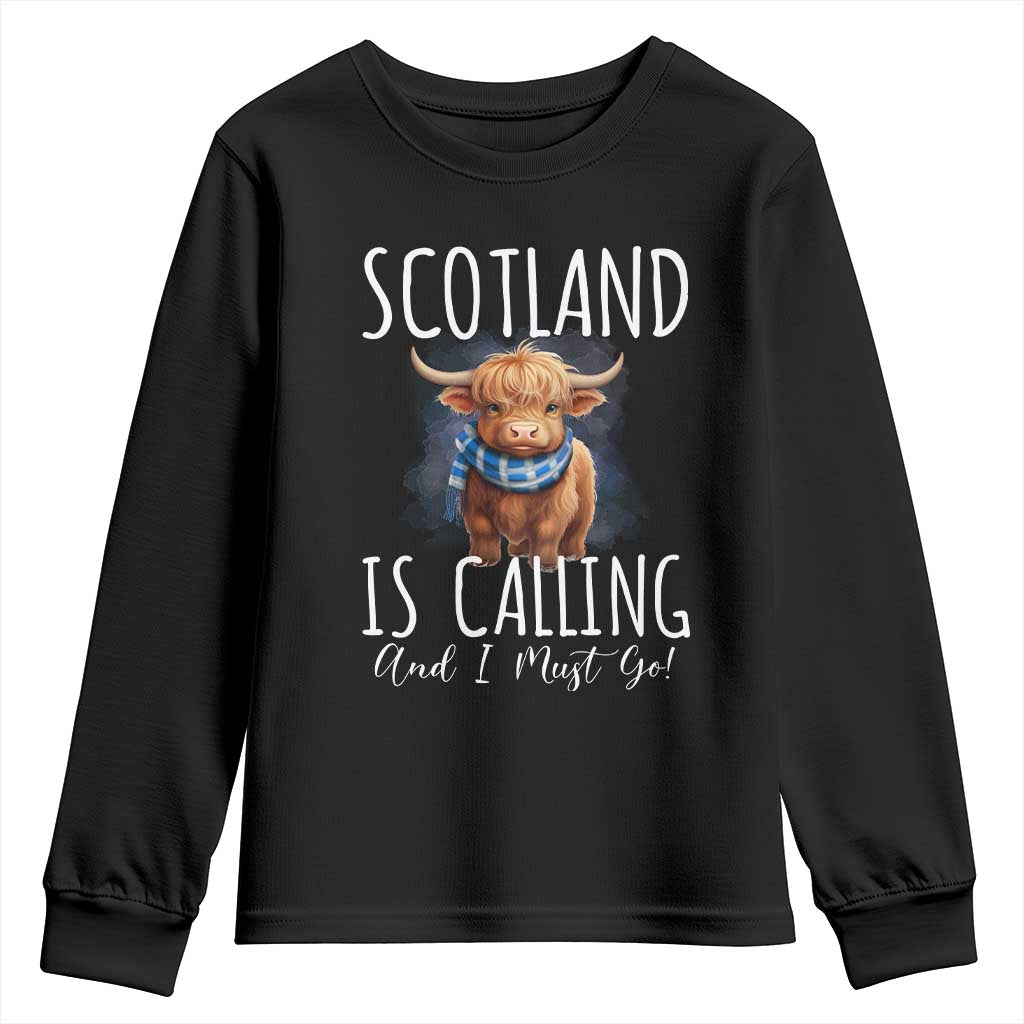 Scotland is Calling and I must Go Highland Cow Youth Sweatshirt