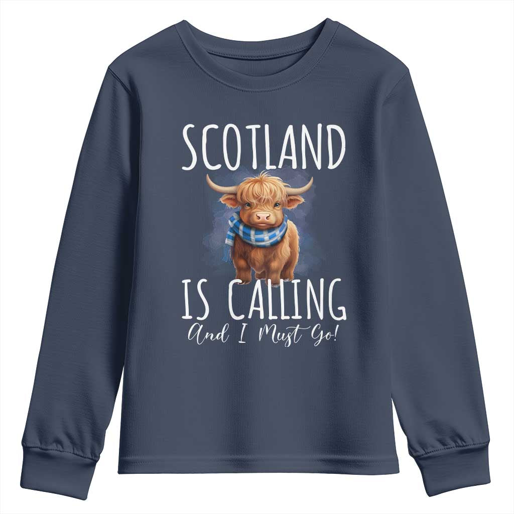 Scotland is Calling and I must Go Highland Cow Youth Sweatshirt