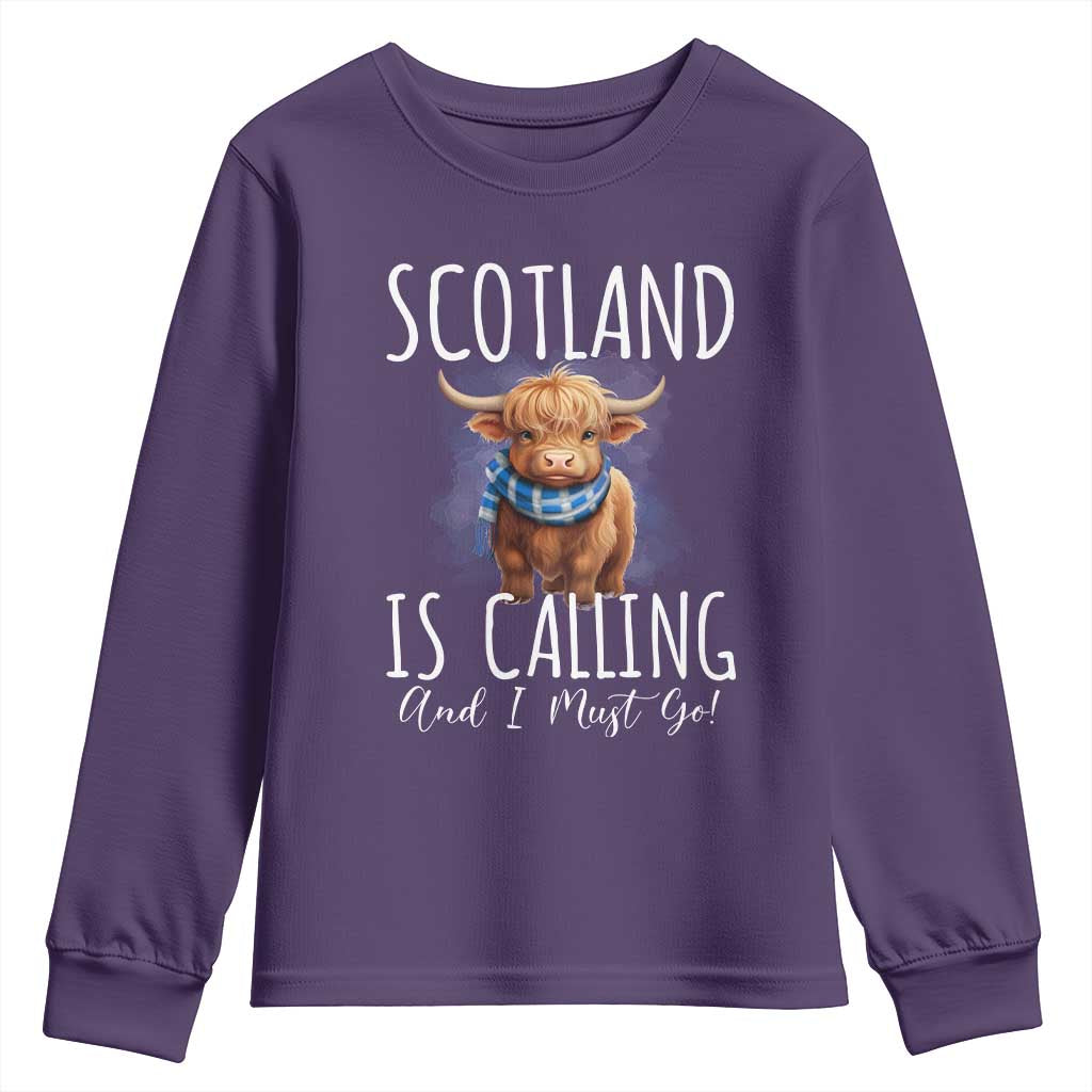 Scotland is Calling and I must Go Highland Cow Youth Sweatshirt