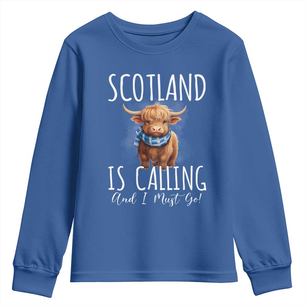 Scotland is Calling and I must Go Highland Cow Youth Sweatshirt