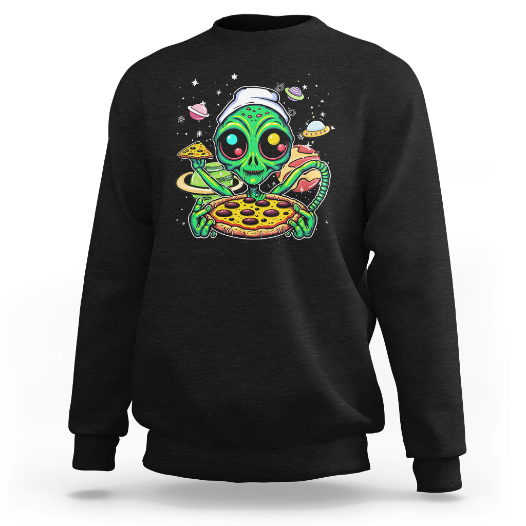Alien Eating Pizza Outer Space With Planet UFO Sweatshirt - Wonder Print Shop