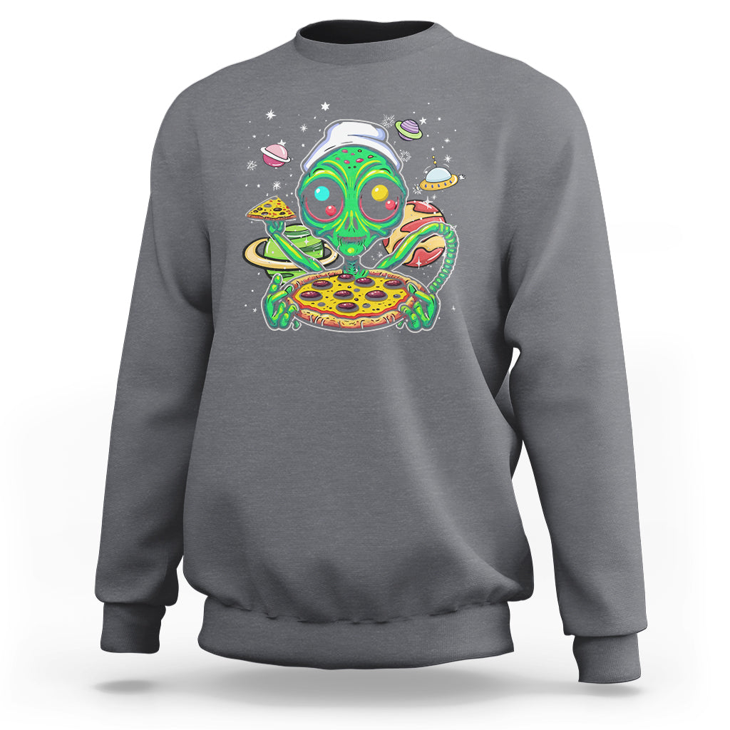 Alien Eating Pizza Outer Space With Planet UFO Sweatshirt - Wonder Print Shop