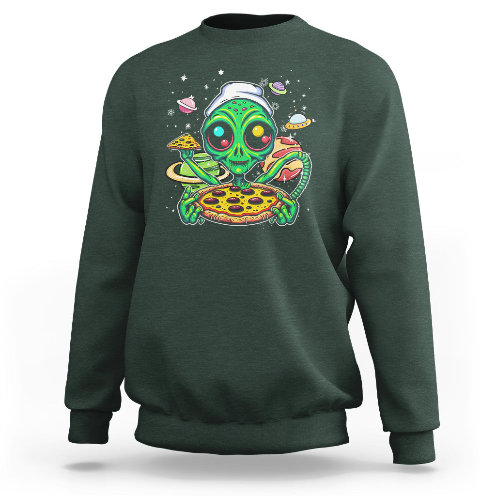 Alien Eating Pizza Outer Space With Planet UFO Sweatshirt - Wonder Print Shop