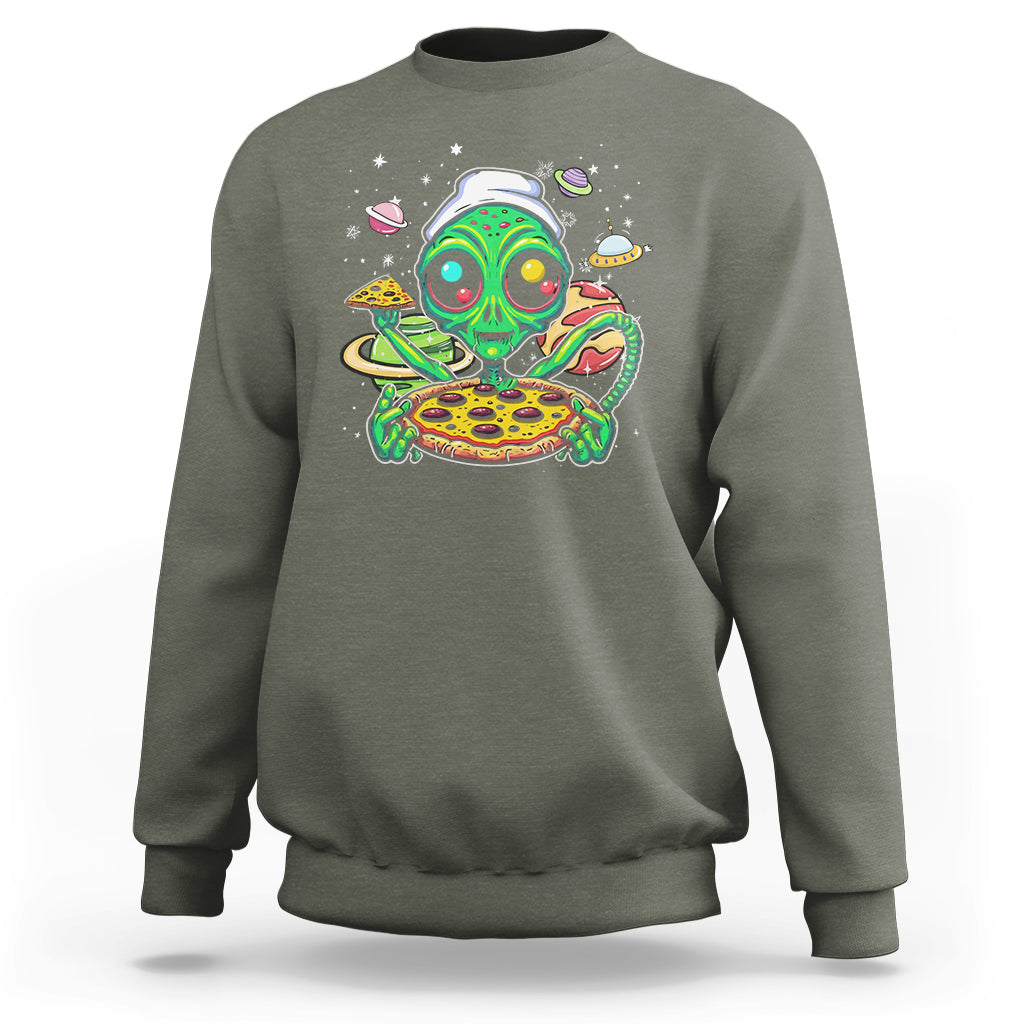 Alien Eating Pizza Outer Space With Planet UFO Sweatshirt - Wonder Print Shop
