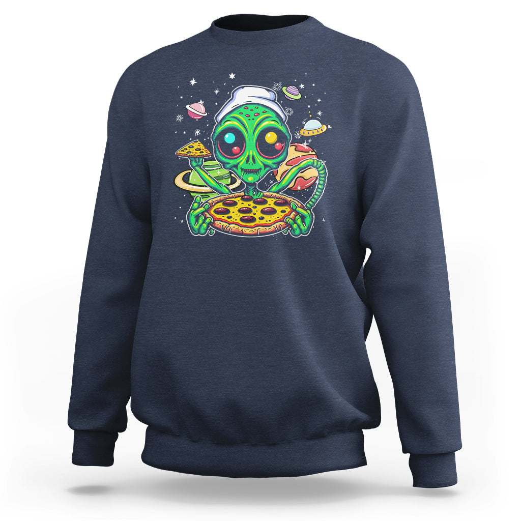 Alien Eating Pizza Outer Space With Planet UFO Sweatshirt - Wonder Print Shop