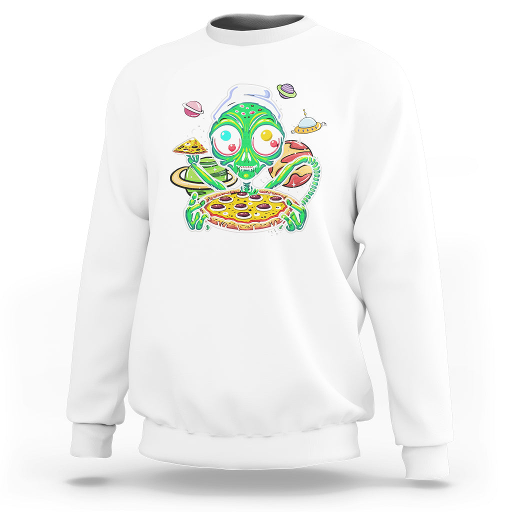 Alien Eating Pizza Outer Space With Planet UFO Sweatshirt - Wonder Print Shop