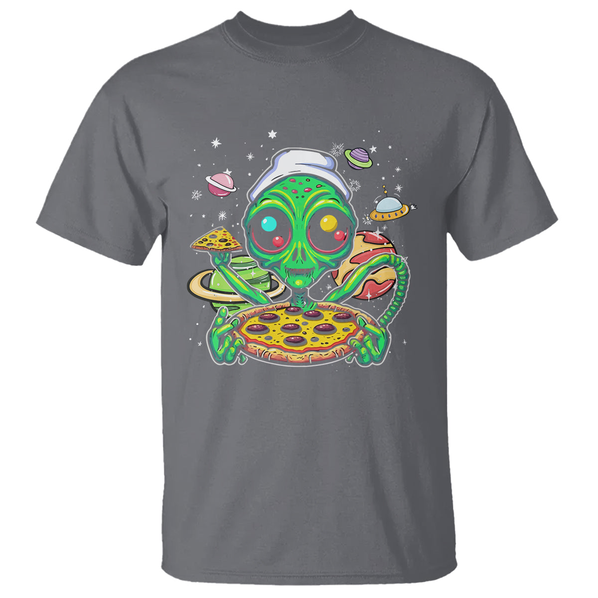 Alien Eating Pizza Outer Space With Planet UFO T Shirt - Wonder Print Shop