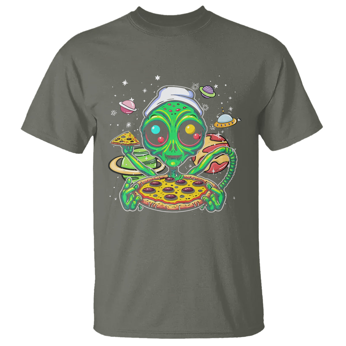 Alien Eating Pizza Outer Space With Planet UFO T Shirt - Wonder Print Shop