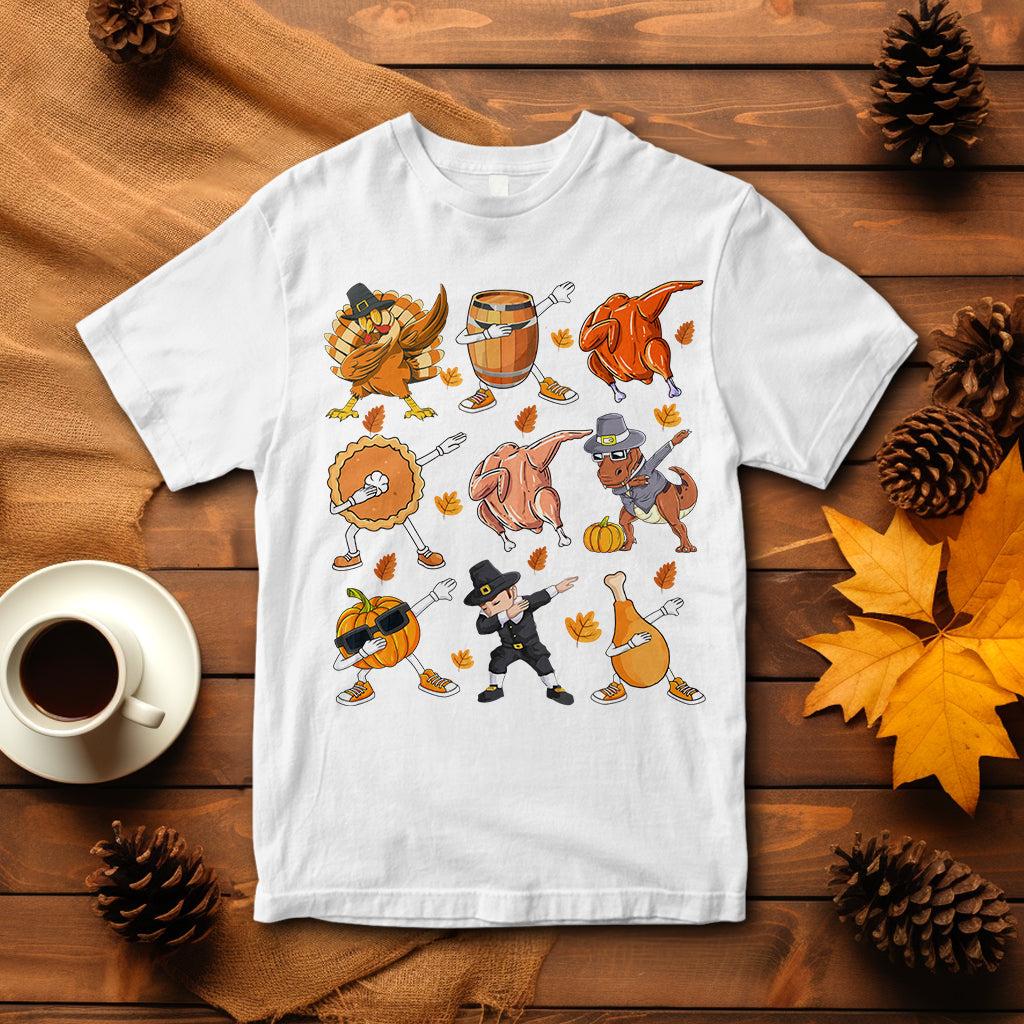 Dabbing Turkey T Rex Pilgrim Pumpkin Pie Funny Thanksgiving T Shirt - Wonder Print Shop