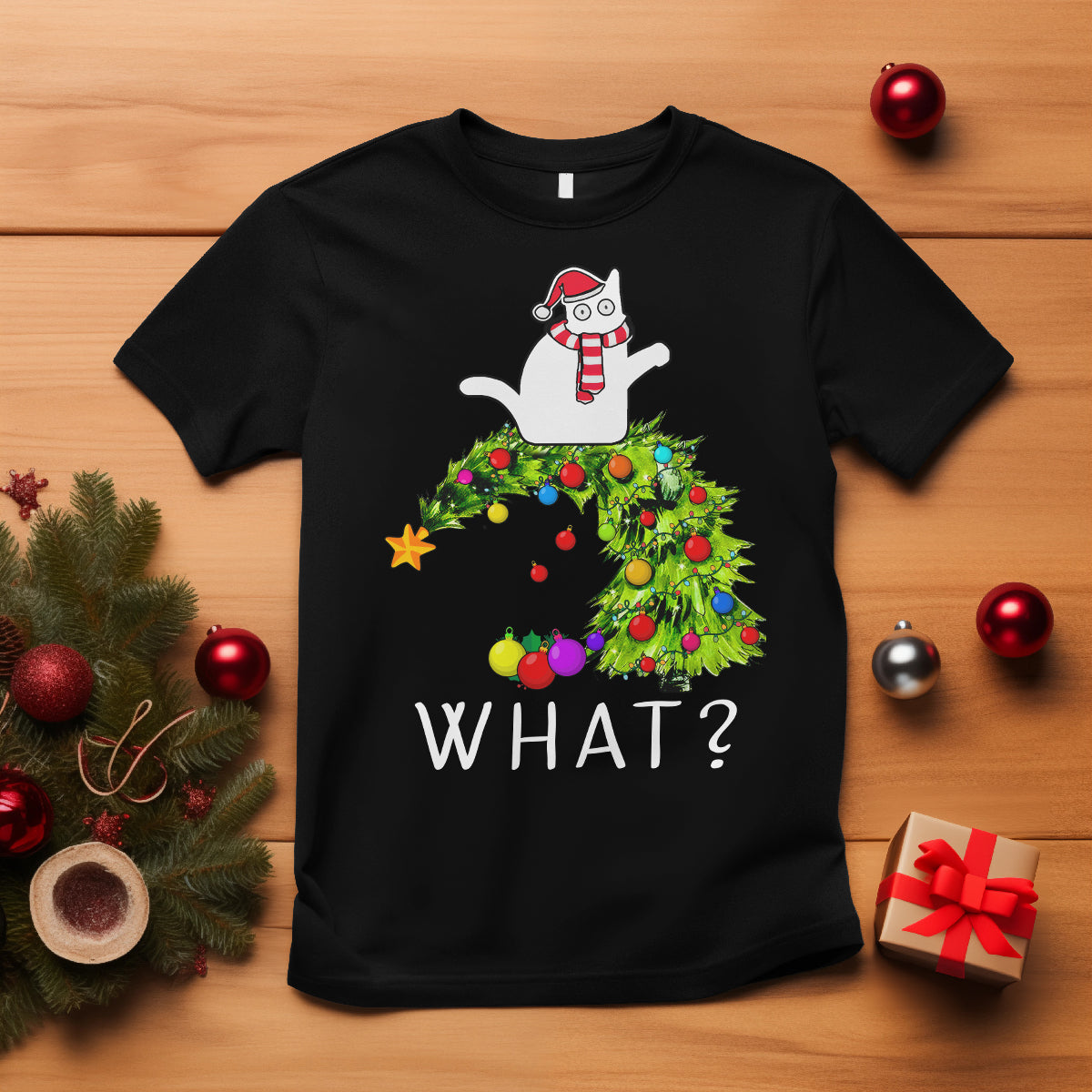 What? Cat Pushing Christmas Tree Xmas Mischievous Cat Lover T Shirt - Wonder Print Shop