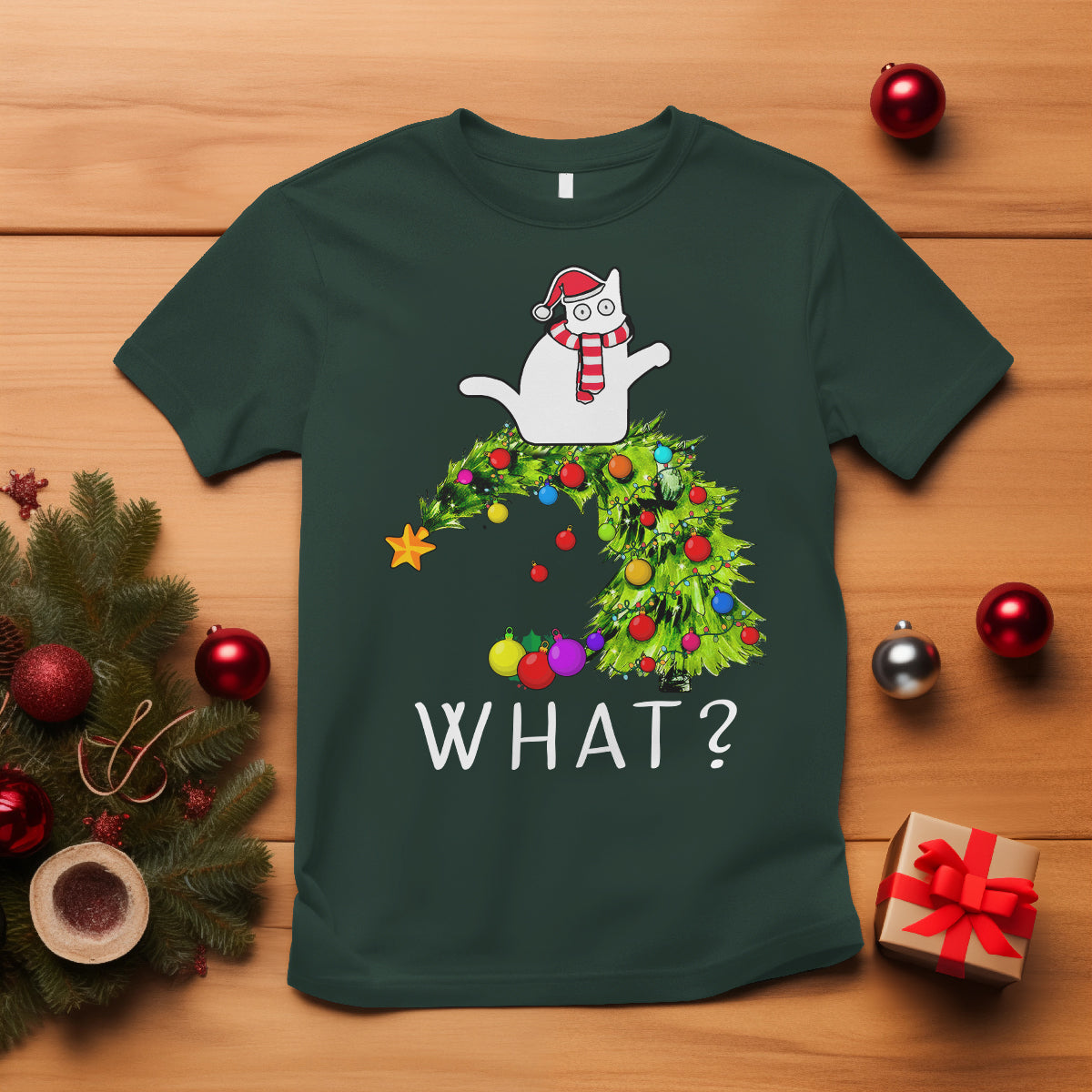 What? Cat Pushing Christmas Tree Xmas Mischievous Cat Lover T Shirt - Wonder Print Shop