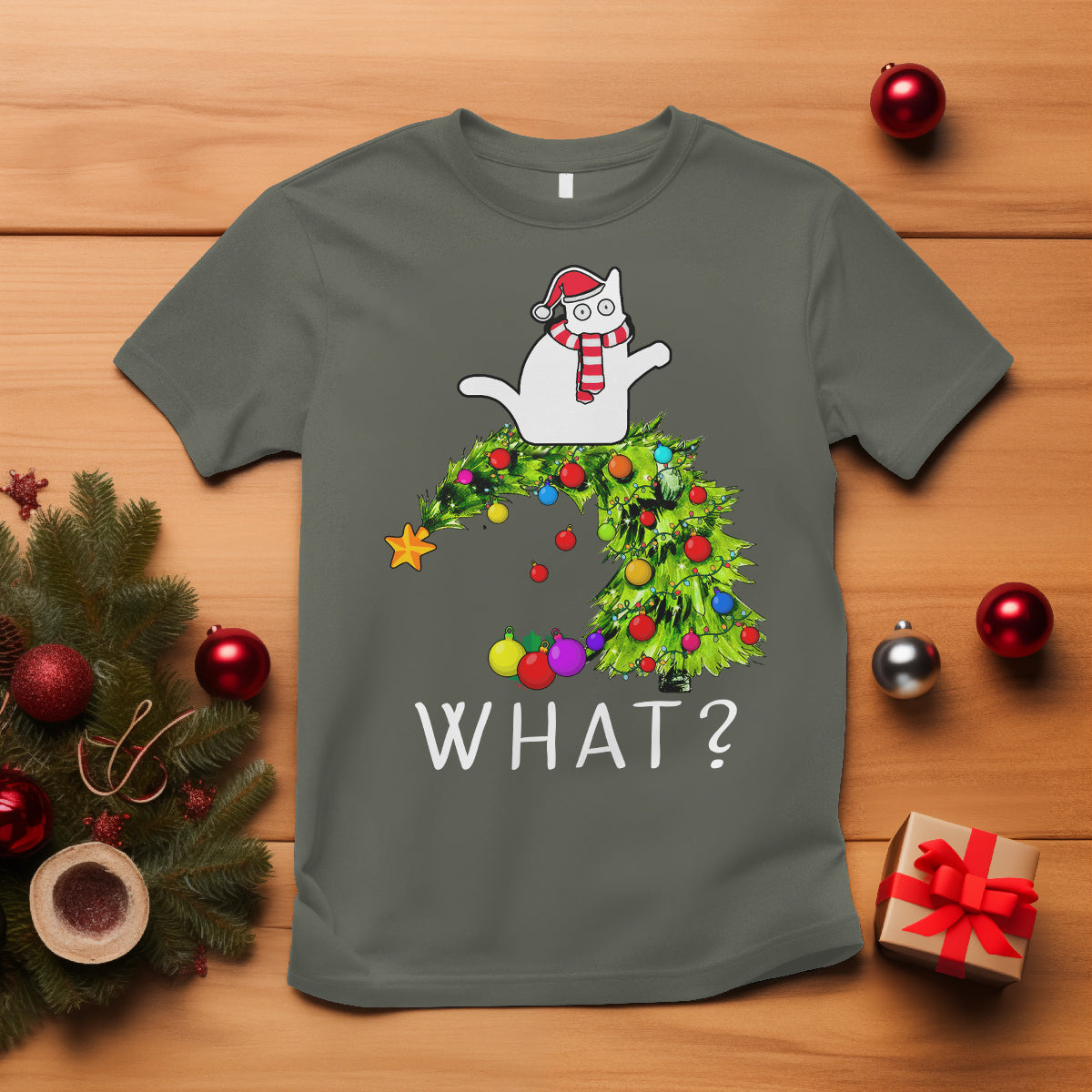 What? Cat Pushing Christmas Tree Xmas Mischievous Cat Lover T Shirt - Wonder Print Shop